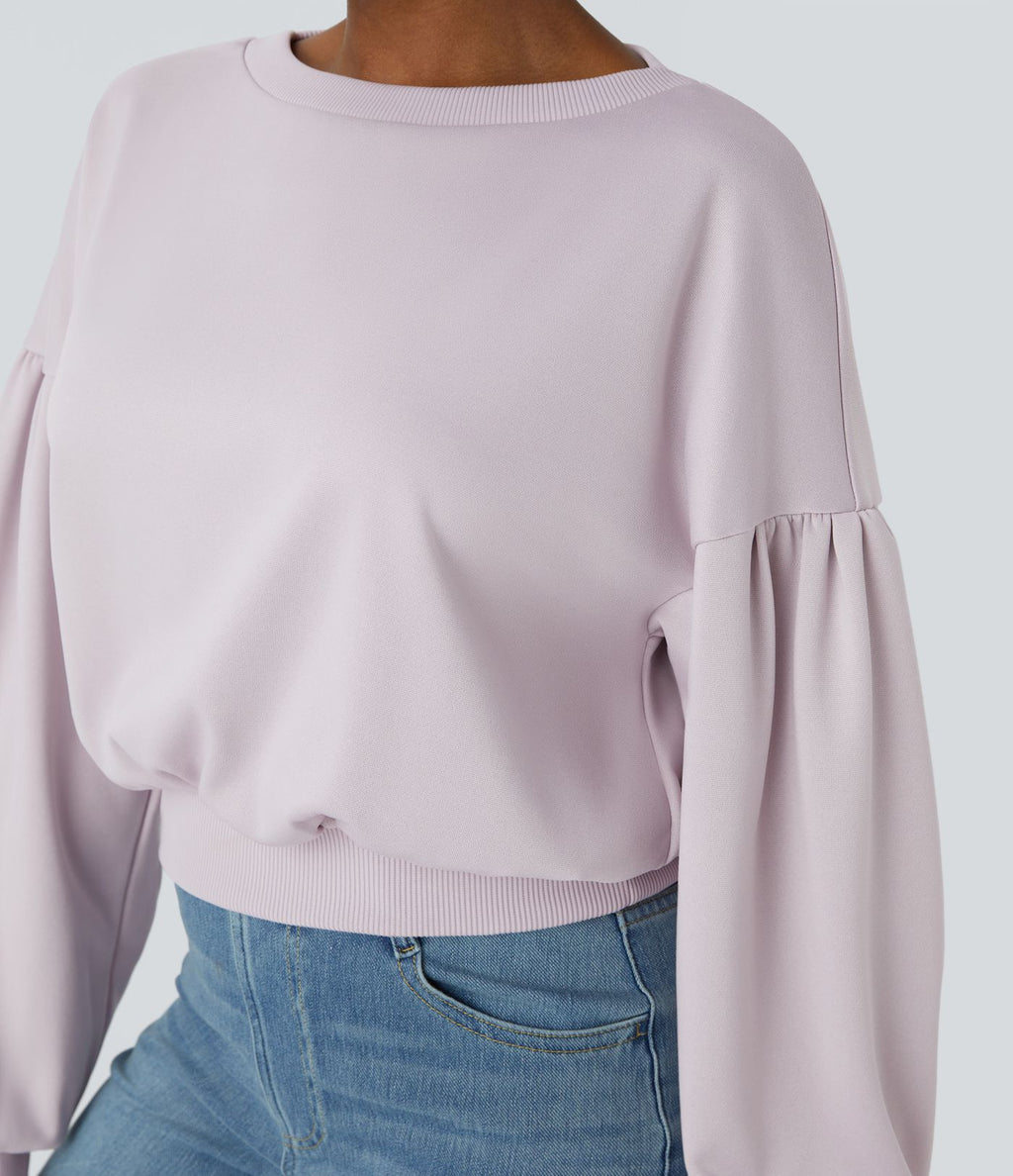 Sweat-shirt décontracté ample à col rond, épaules tombantes et manches évasées plissées