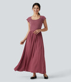 Robe maxi casual fluide col U manches courtes