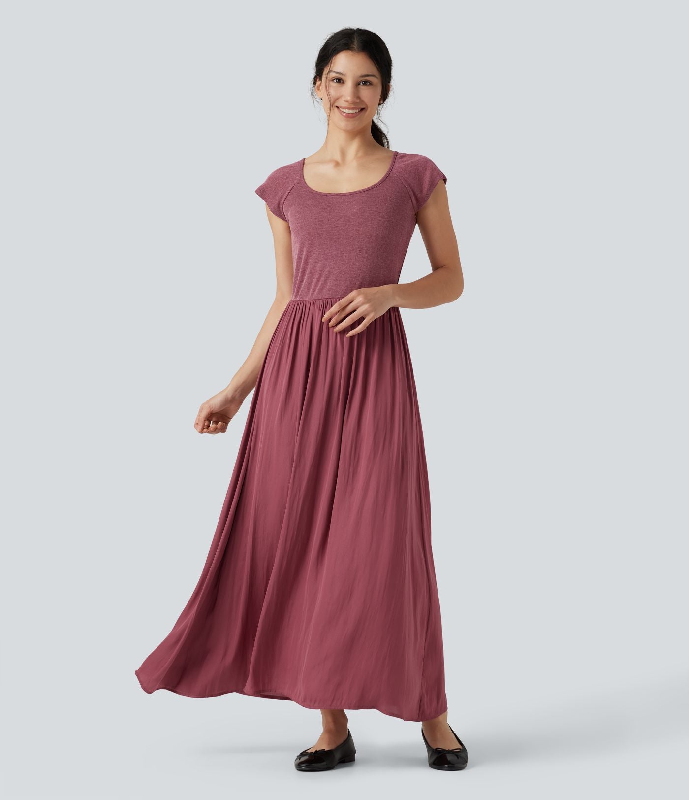 Robe maxi casual fluide col U manches courtes
