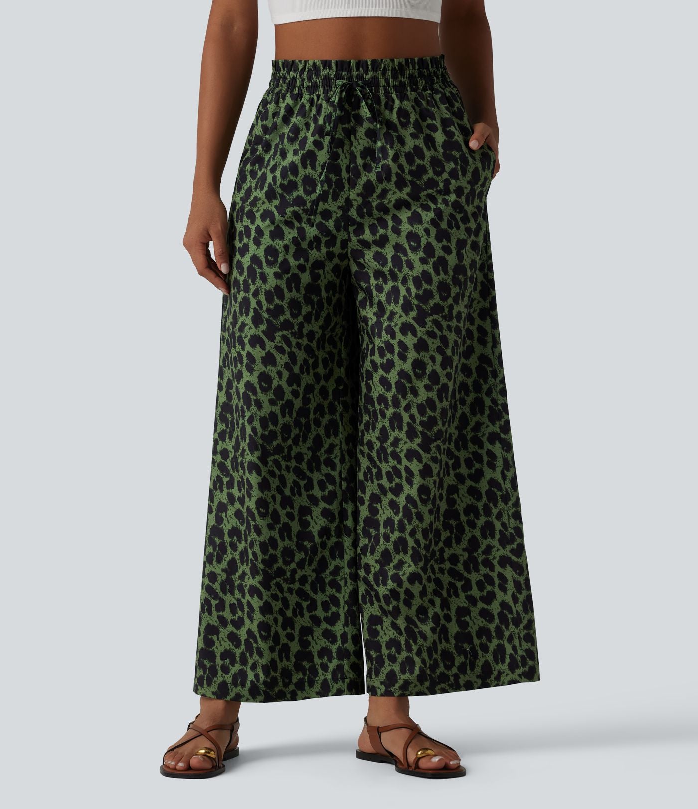 Pantalon large et fluide à imprimé léopard, taille haute avec cordon de serrage et poches latérales