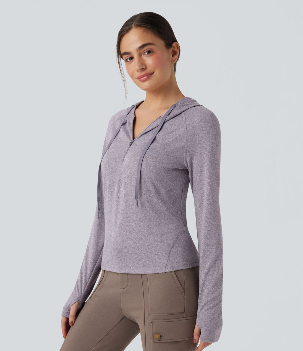 Sweatshirt de sport randonnée à capuche manches longues avec cordon de serrage, trous pour pouces et poche