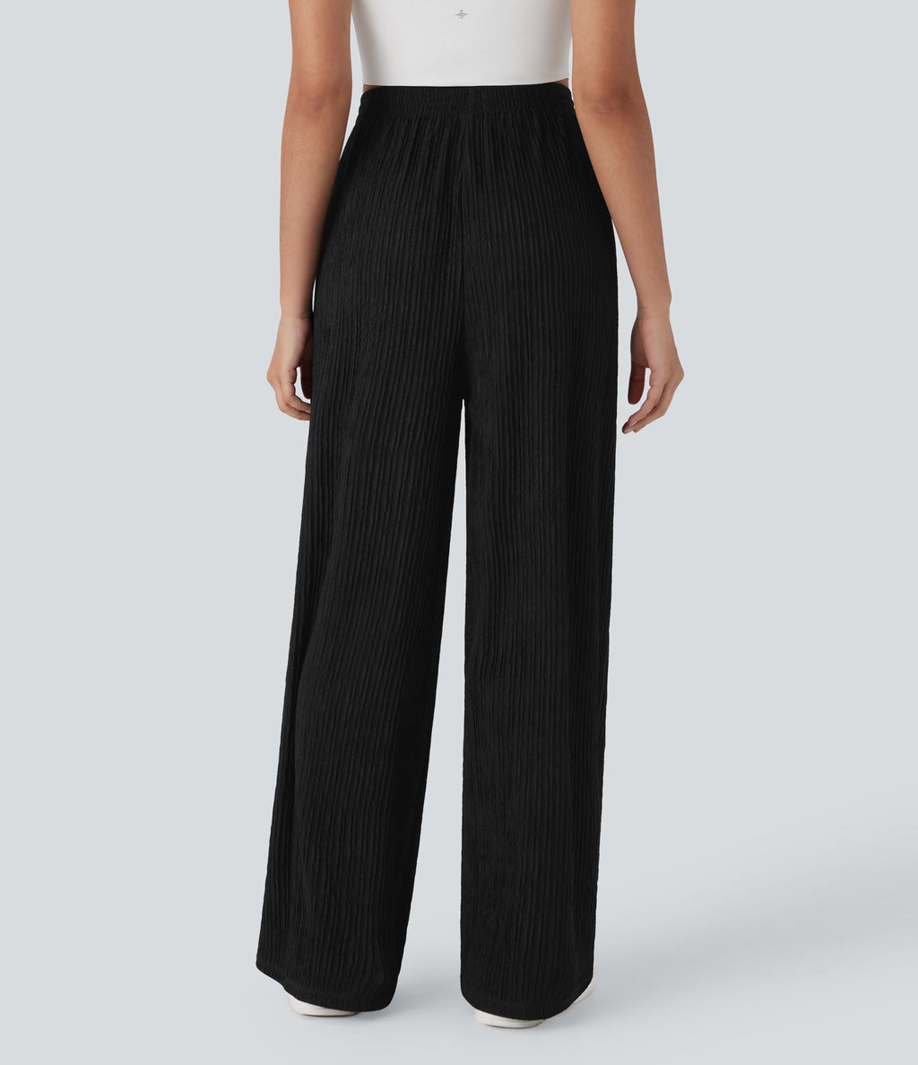 Pantalon tailleur décontracté à taille haute, jambes droites, texture froissée et poches latérales