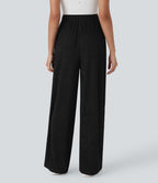 Pantalon tailleur décontracté à taille haute, jambes droites, texture froissée et poches latérales