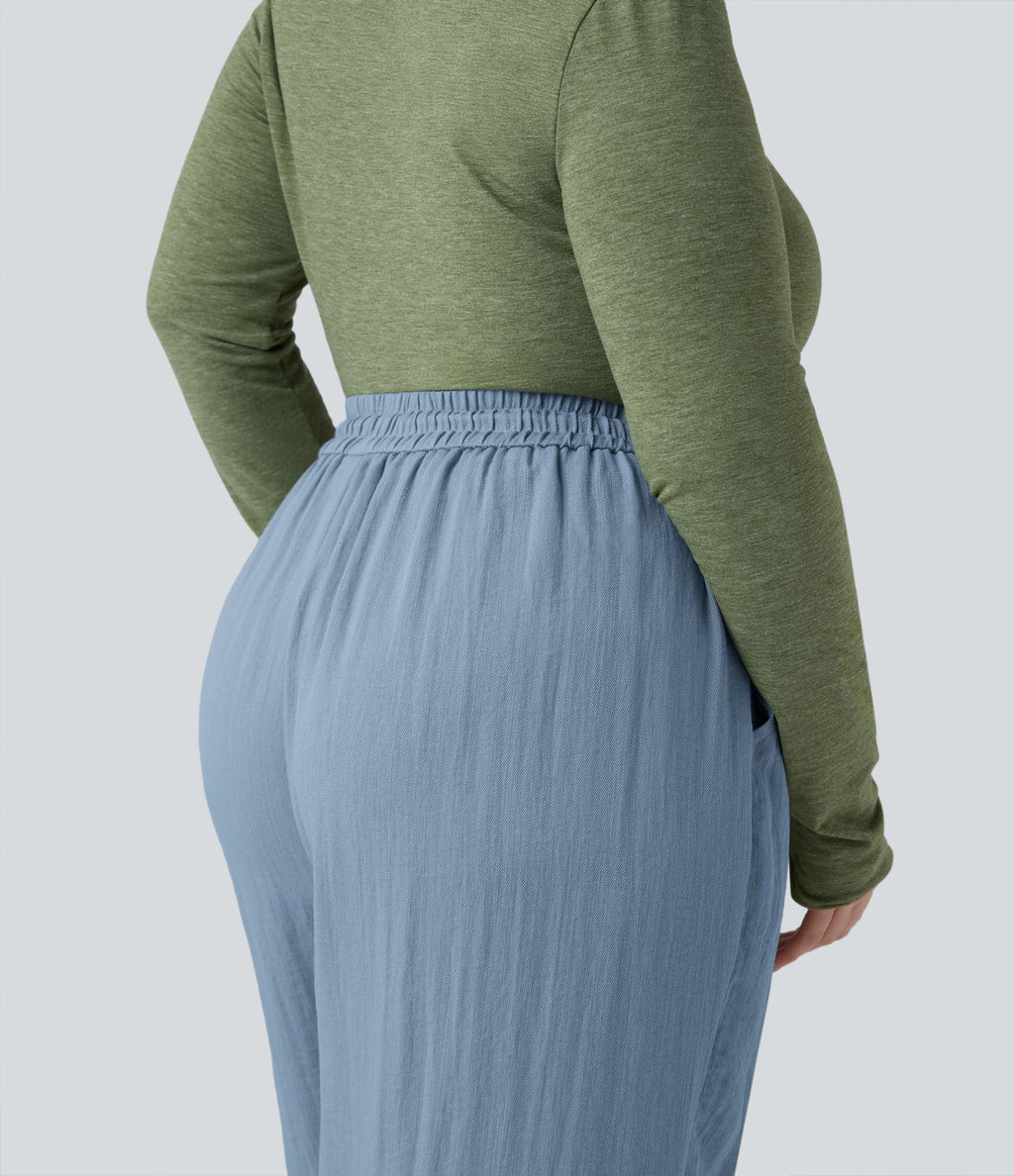 Pantalon grande taille large fluide taille haute avec cordon de serrage, poches et aspect lin