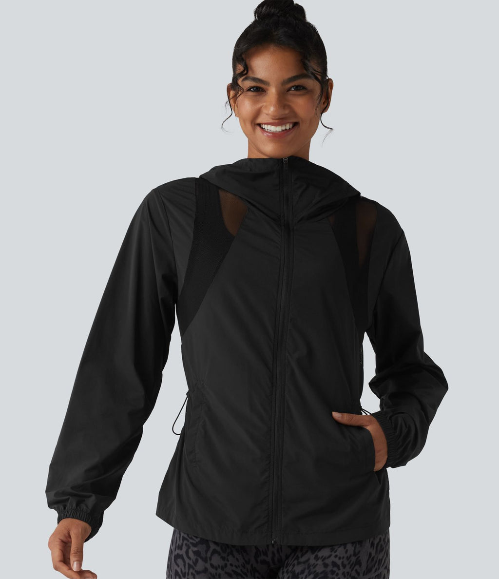 Veste de sport à capuche avec mesh contrasté, cordon de serrage et poches