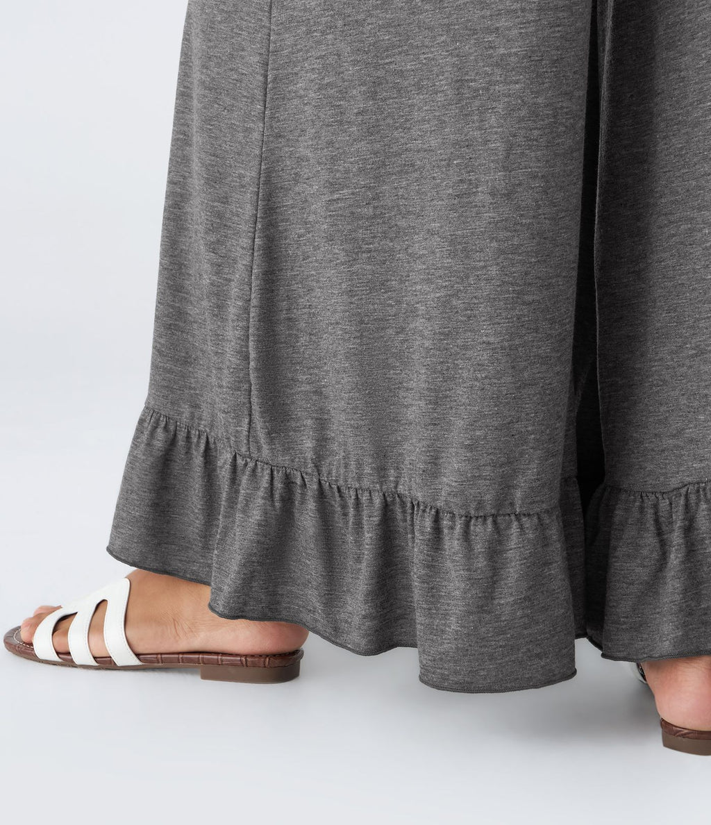 Pantalon Casual à Taille Haute avec Cordon De Serrage Poches Latérales et Volants Jambes Amples