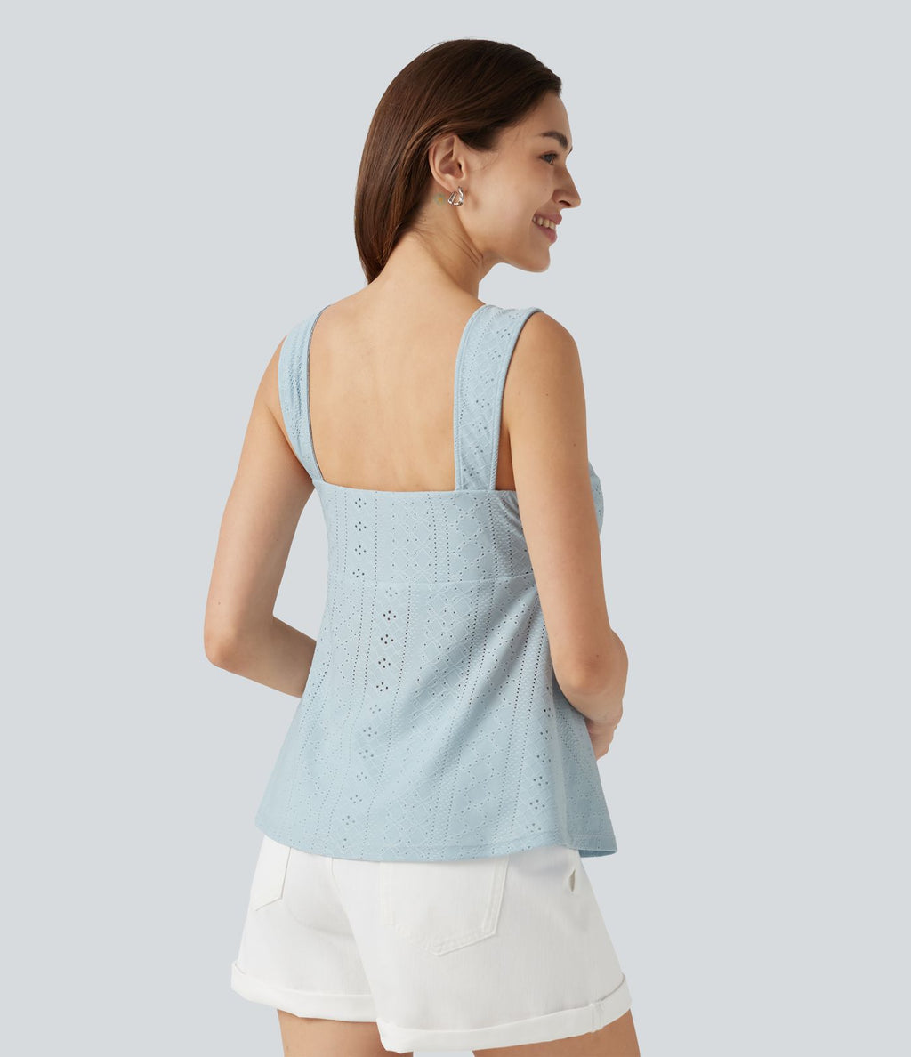 Débardeur décontracté froncé avec cordon de serrage, broderie anglaise et soutien-gorge intégré