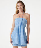 Robe micro-mini de plage moulante à carreaux vichy col halter avec brassière intégrée et lien noué au dos