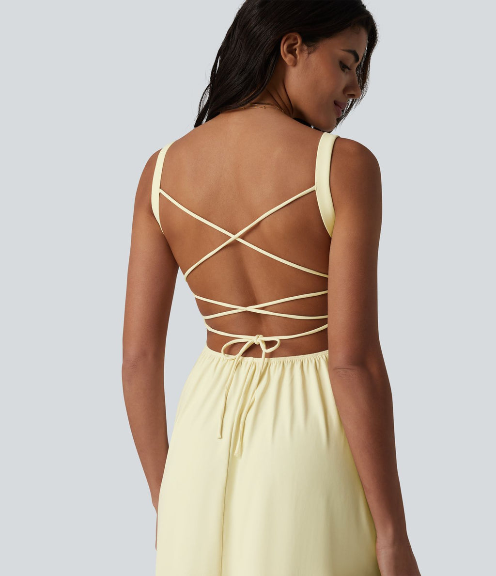 Robe fluide midi de villégiature sans manches, encolure carrée, dos nu croisé, fronces et soutien-gorge intégré