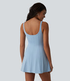 Robe mini casual sans manches à col U, volants, fronces et soutien-gorge intégré avec poches