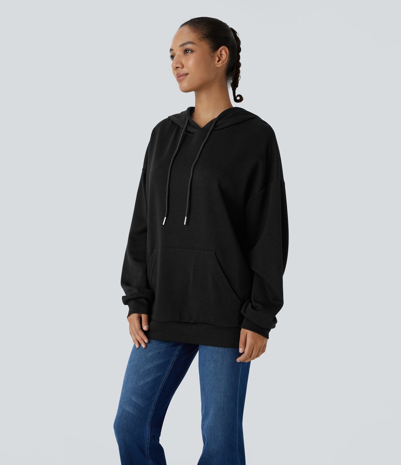 Sweat-shirt décontracté à capuche avec cordon de serrage, manches longues, poche kangourou, coupe croisée et fente