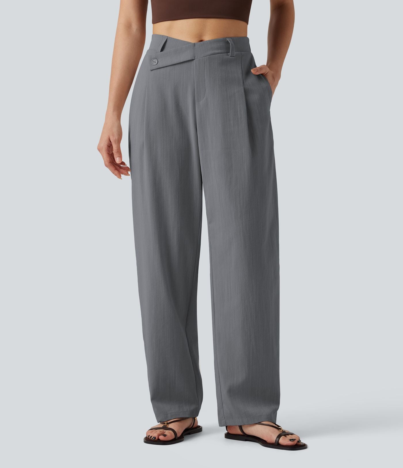 Pantalon tailleur asymétrique effet lin, taille moyenne, coupe ballon, à poches