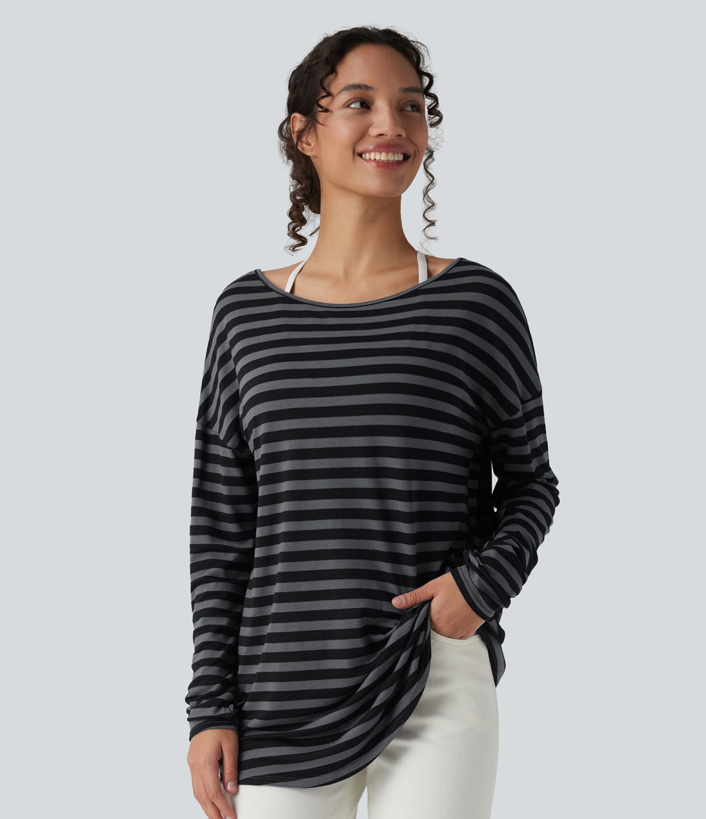 T-shirt ample décolleté plongeant manches longues à rayures et trous pour les pouces - Réversible devant et dos