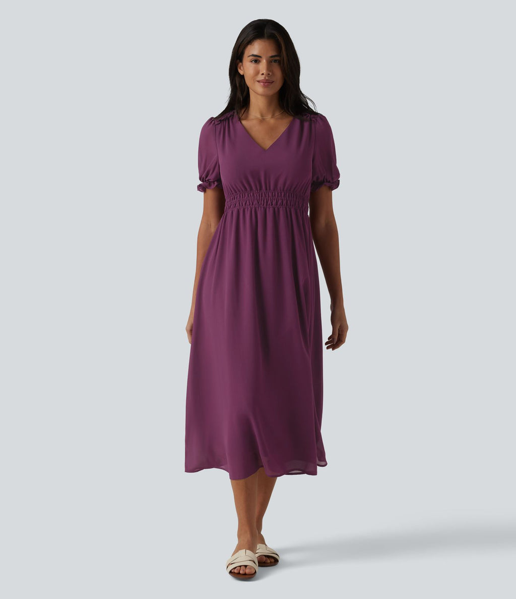 Robe décontractée fluide mi-longue col V manches bouffantes taille froncée