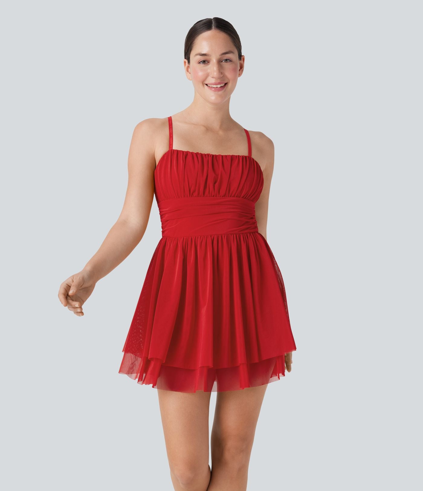 Robe active slip de danse mini 2-en-1 avec superposition en mesh froncée à volants et poche-Easy Peasy