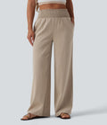 Pantalon large décontracté froncé taille haute aspect lin avec poches