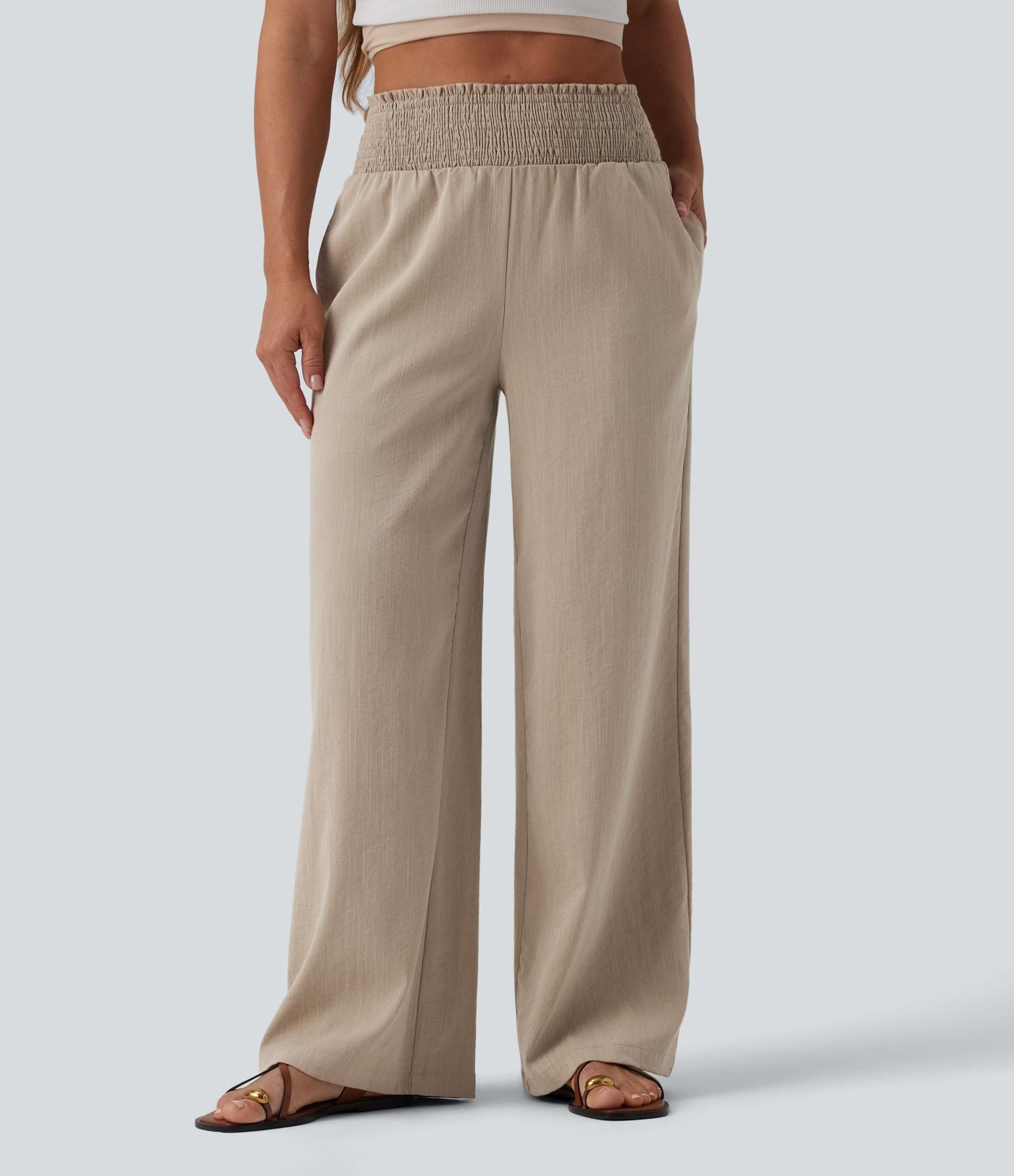 Pantalon large décontracté froncé taille haute aspect lin avec poches