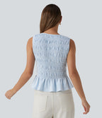 Top casual à rayures col bateau sans manches avec smocks et ourlet à volants