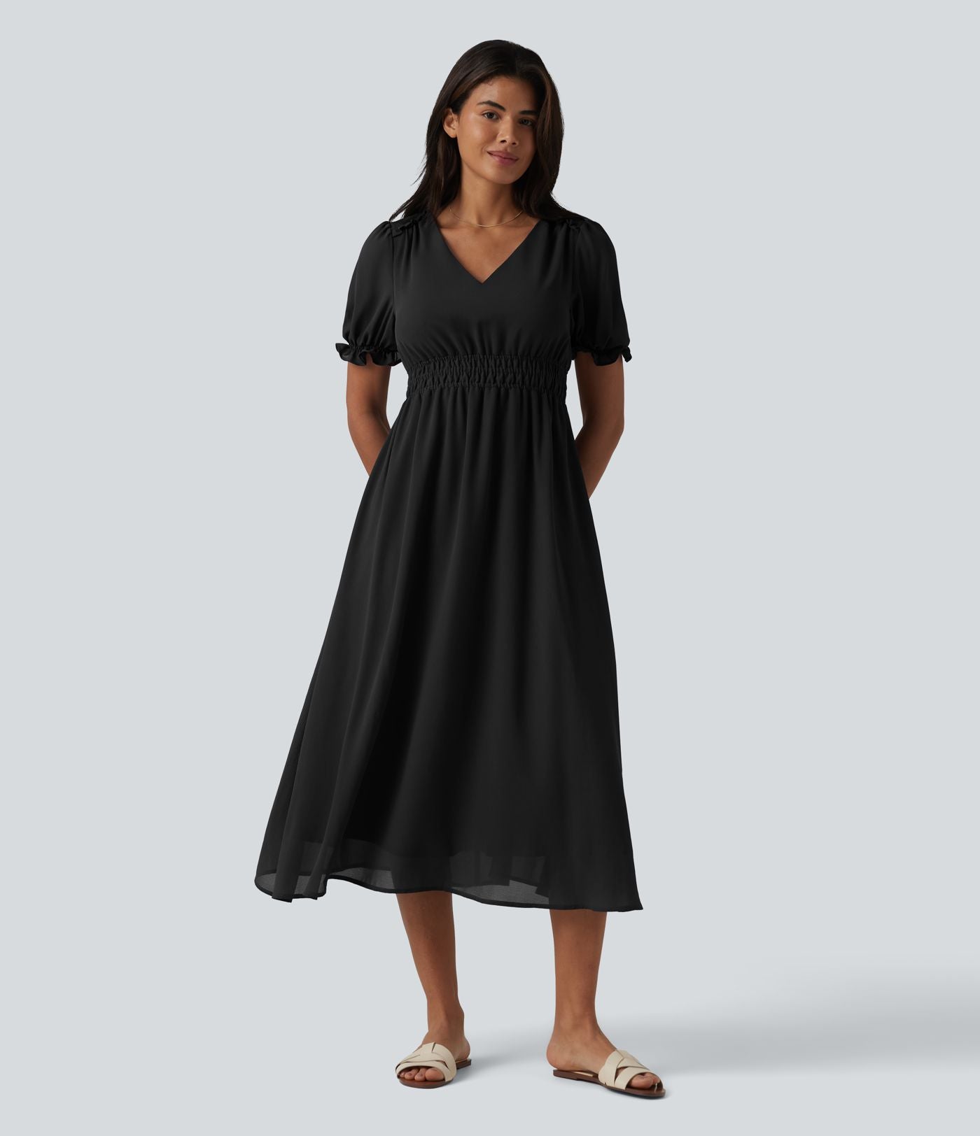 Robe décontractée fluide mi-longue col V manches bouffantes taille froncée