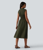 Robe tailleur midi col V sans manches fermeture éclair bidirectionnelle avec poches