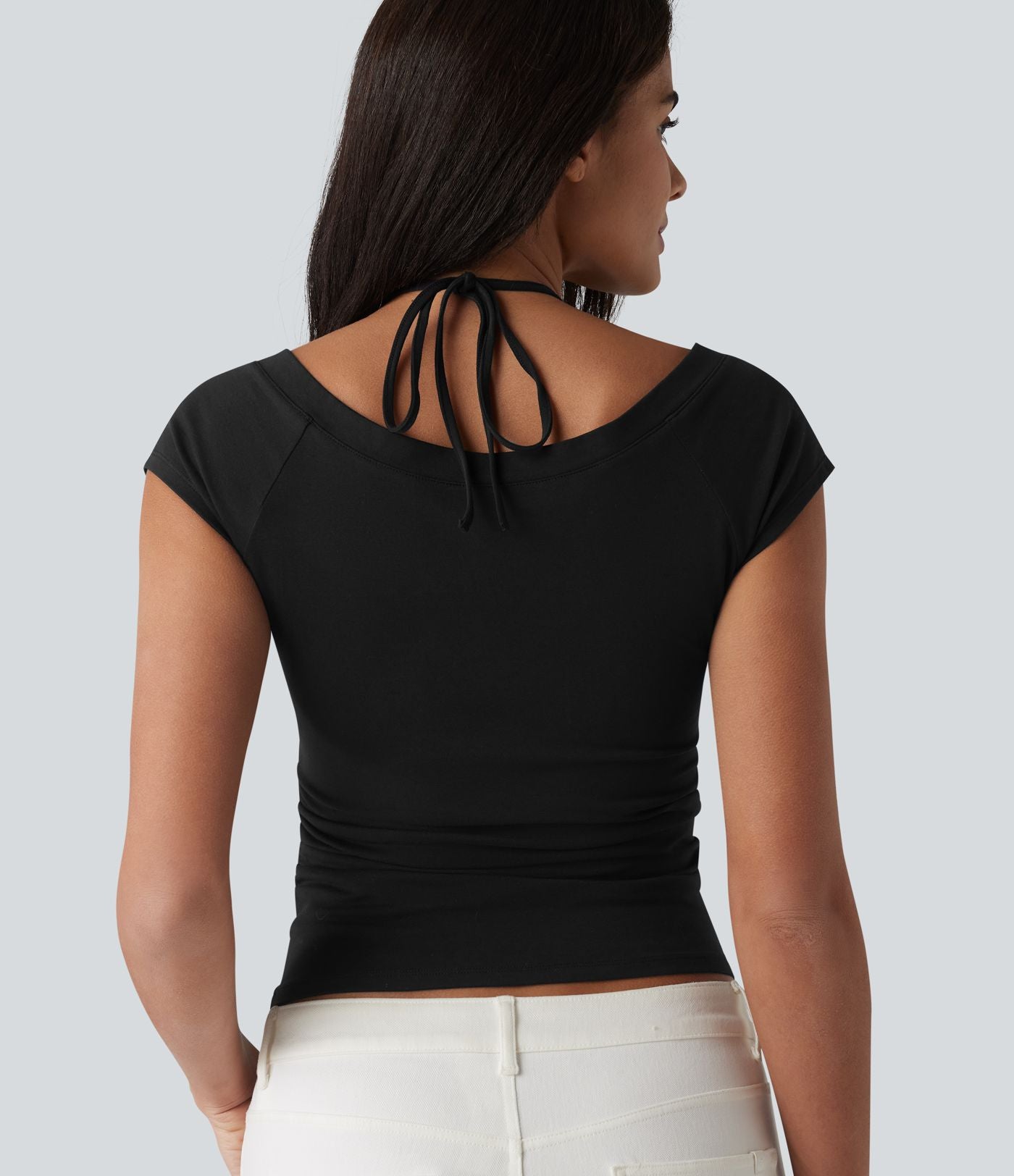 Halara T-shirt casual 2 en 1 en jersey de coton manches courtes dos noué froncé
