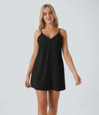 Robe courte aspect lin décolletée en V pour les vacances, à bretelles réglables, dos nu avec lien à nouer et poches latérales