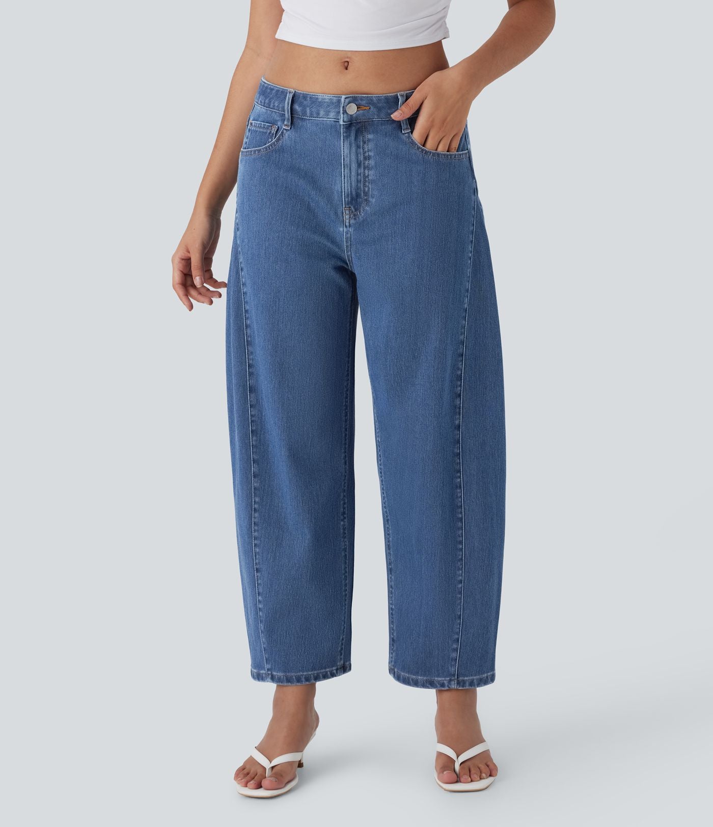 Jean Barrel 7/8 décontracté taille mi-haute délavé Halara Flex™ avec poches