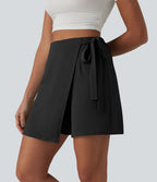 Jupe-short casual taille haute aspect lin avec lien noué sur le côté