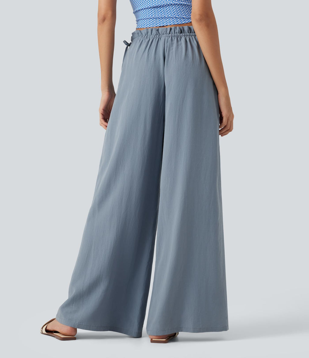 Pantalon baggy fluide casual en mélange de lin taille mi-haute à volants avec cordon et poches