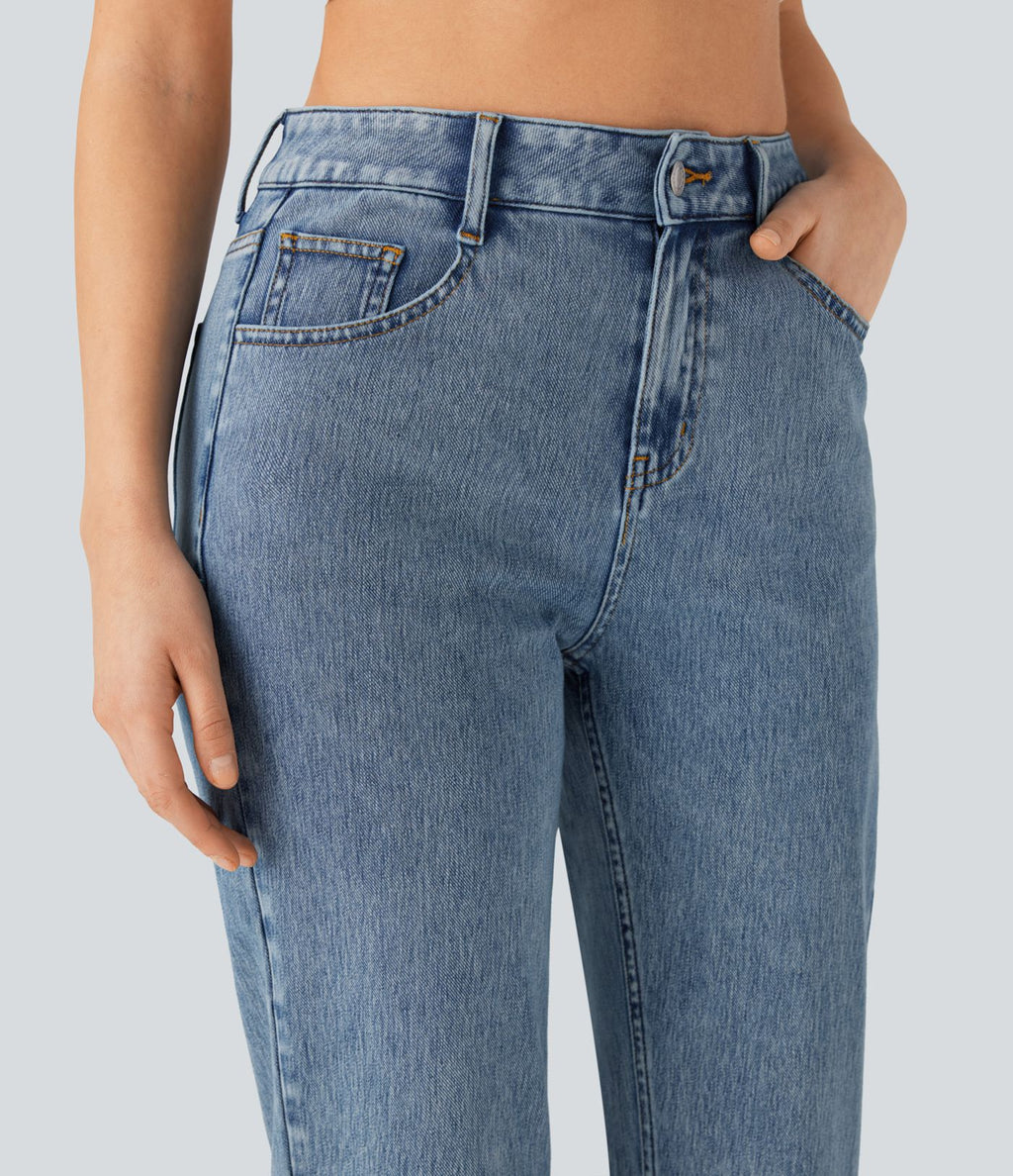 Halara Flex™ Jean droit extensible à taille haute avec bouton, fermeture éclair et poches multiples