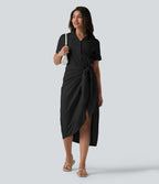 Robe-chemise casual midi en mousseline infroissable manches courtes portefeuille avec nœud frontal et poche