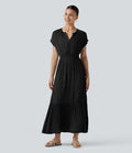 Robe midi décontractée fluide, col V, manches courtes