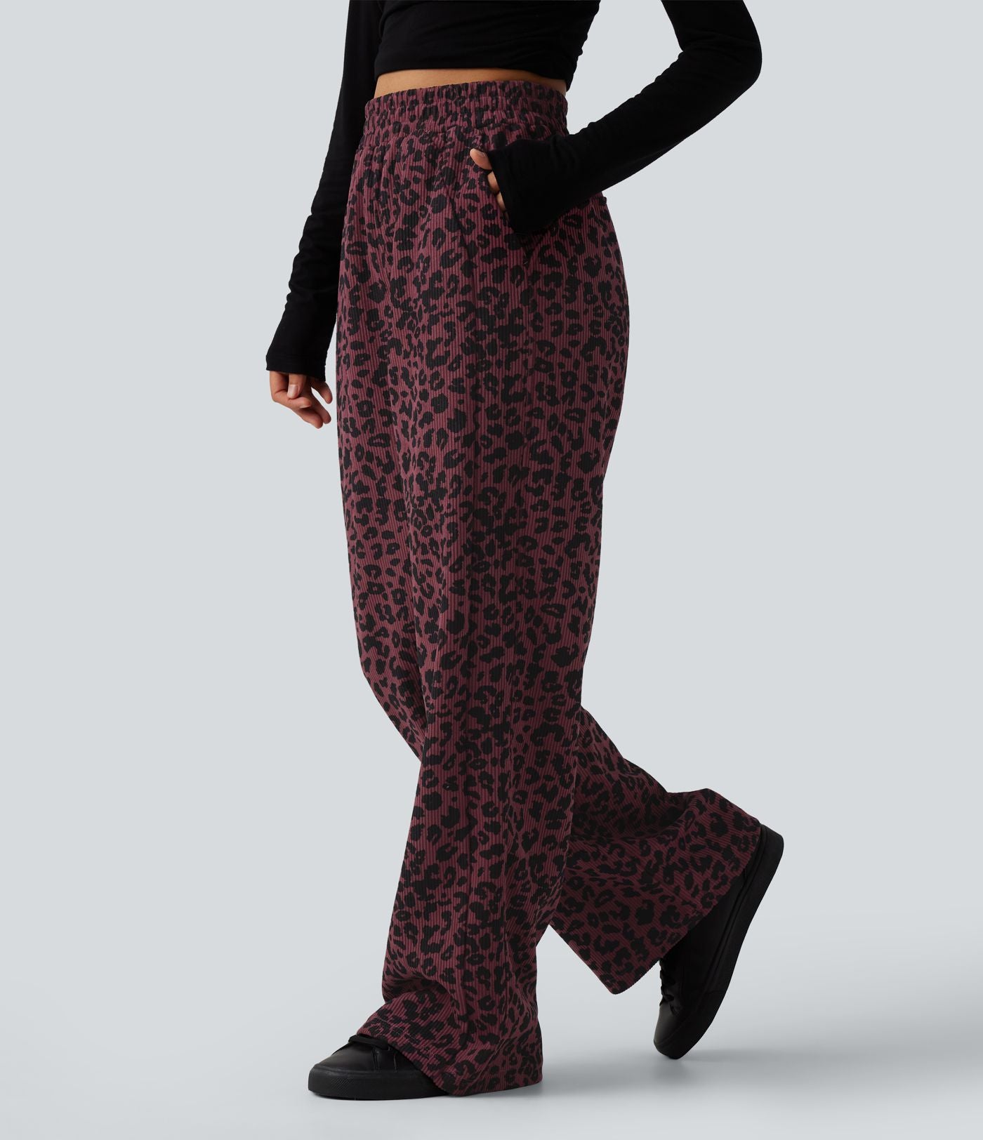 Pantalon léopard velours côtelé imprimé coupe droite mop taille haute avec poches