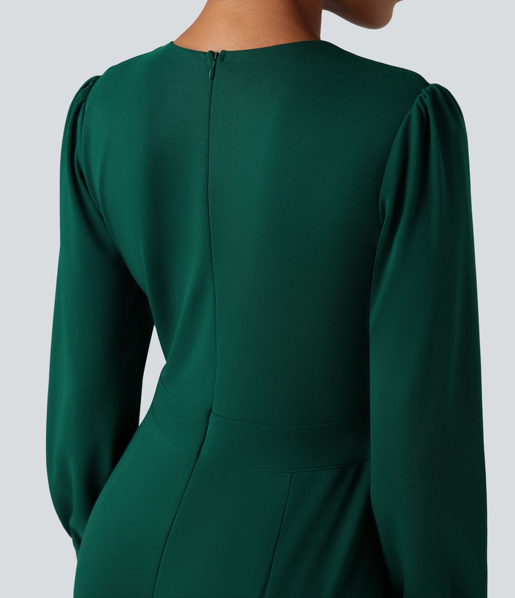 Combinaison tailleur col V manches longues bouffantes coupe droite avec poches