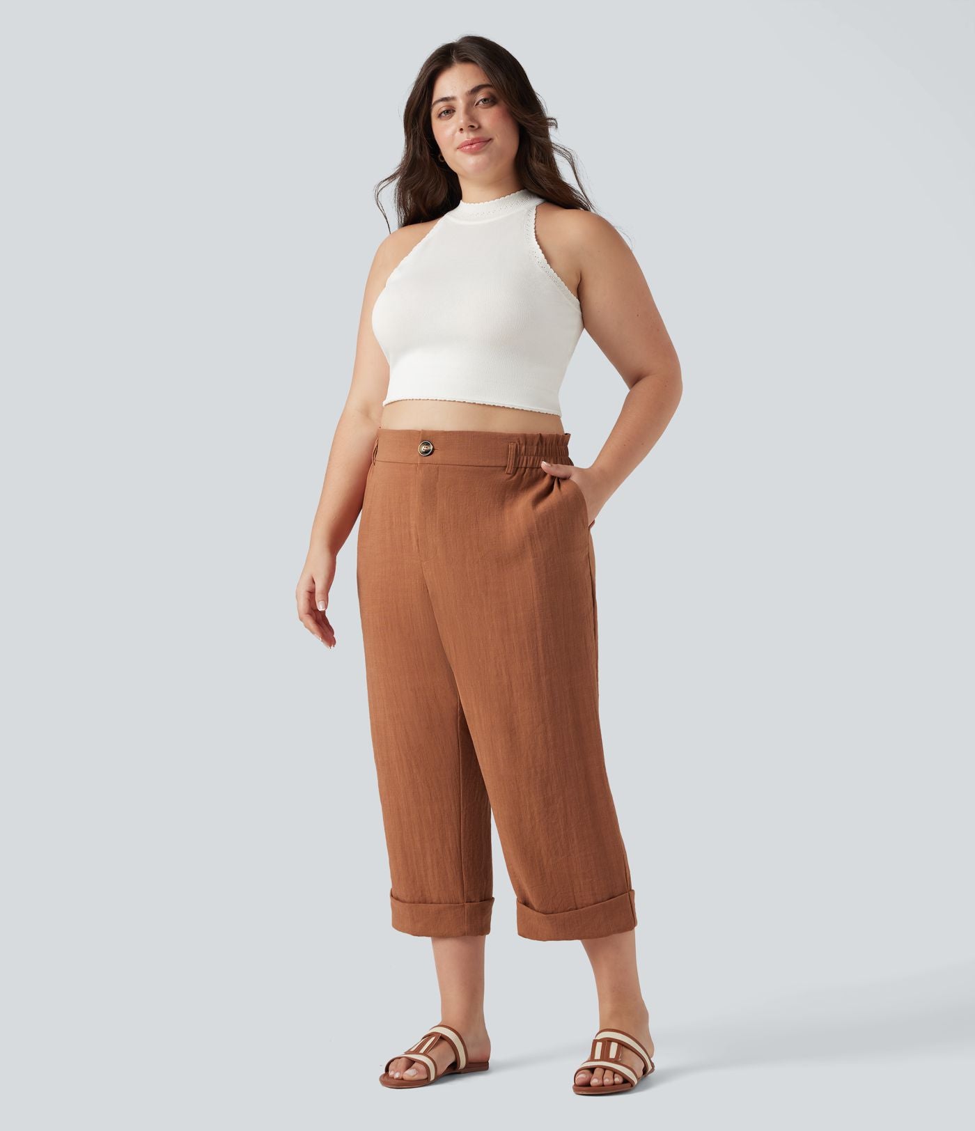 Pantalon de villégiature capri effet lin, grande taille, taille haute, avec poches