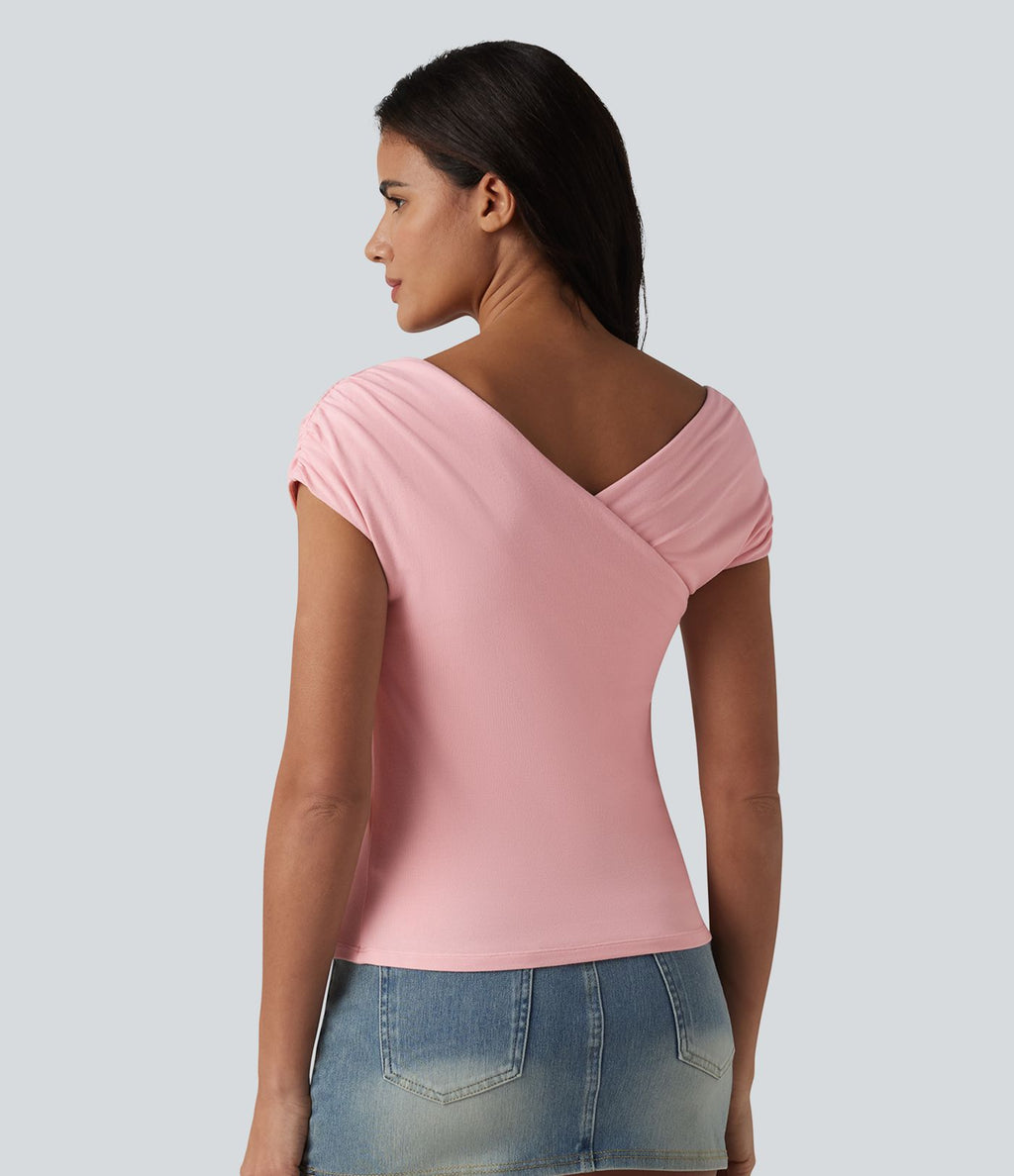 T-shirt casual en maille côtelée à manches courtes avec soutien-gorge intégré