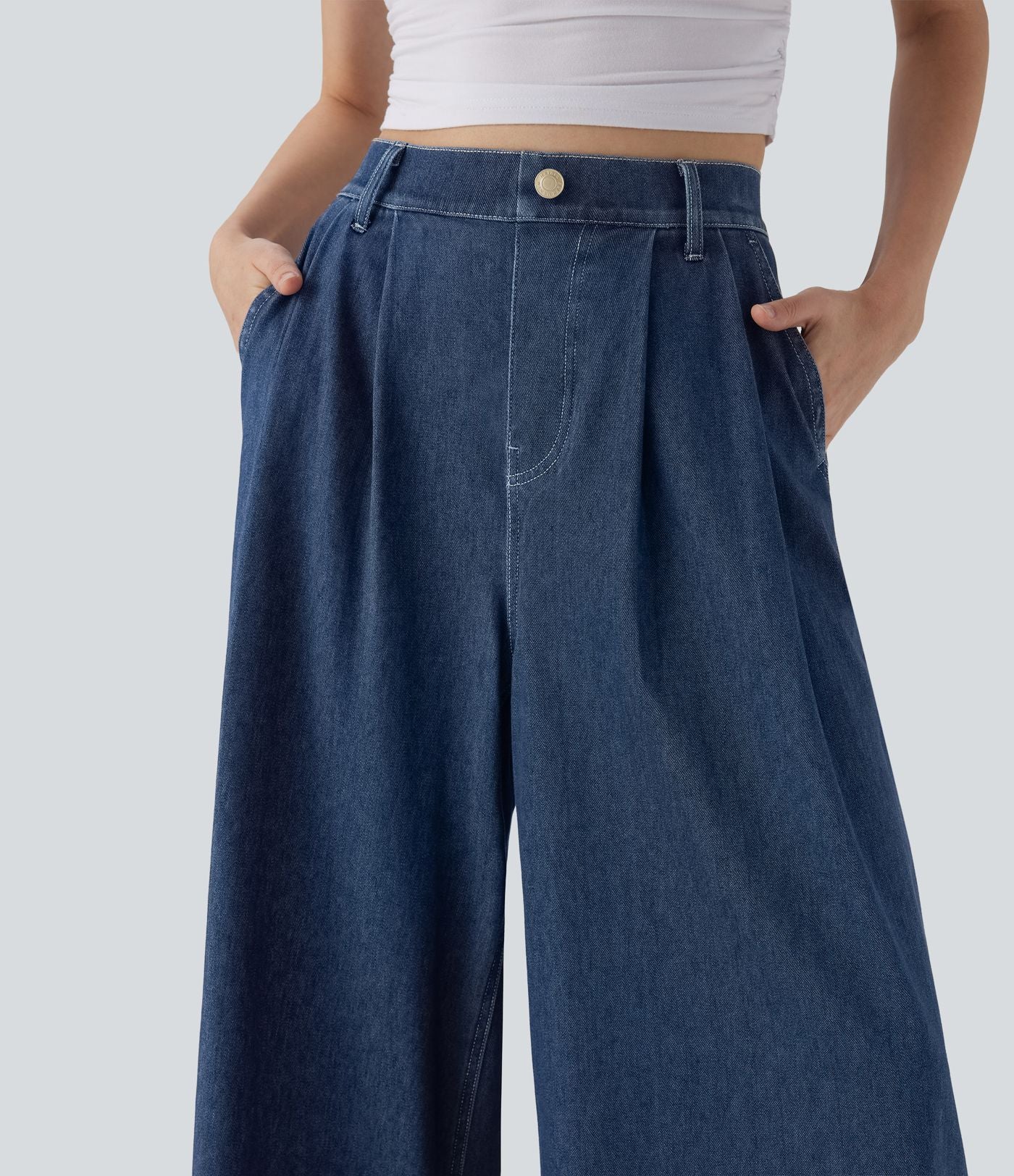 Jean palazzo ample et fluide Halara Flex™ Cool Touch en denim extensible tricoté à taille haute, séchage rapide et multiples poches