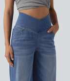 Halara Flex™ Jean large casual taille haute croisée ventre plat, avec poches