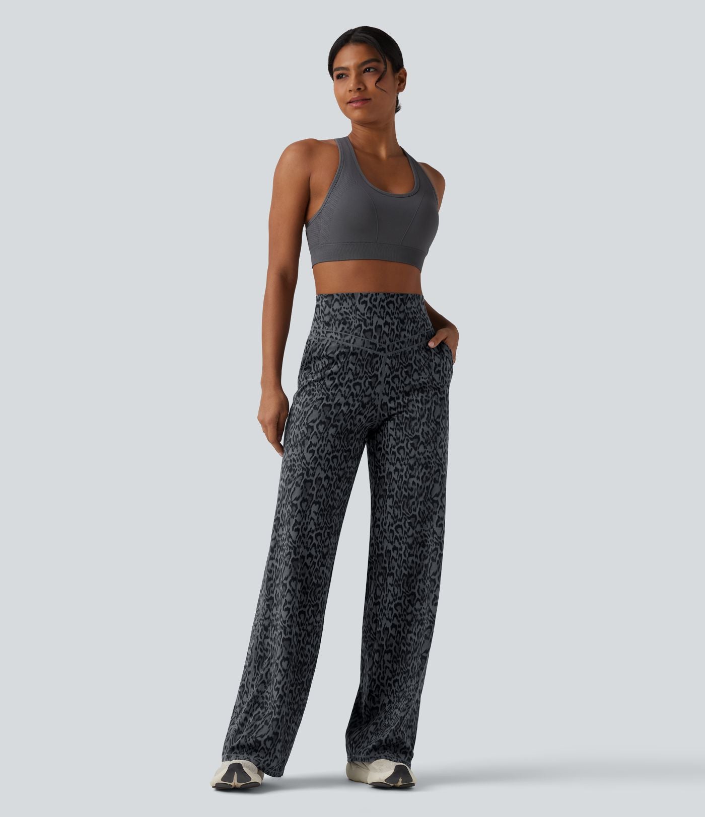Pantalon de yoga jambes droites taille haute gainant imprimé léopard Halara UltraSculpt™ avec poches