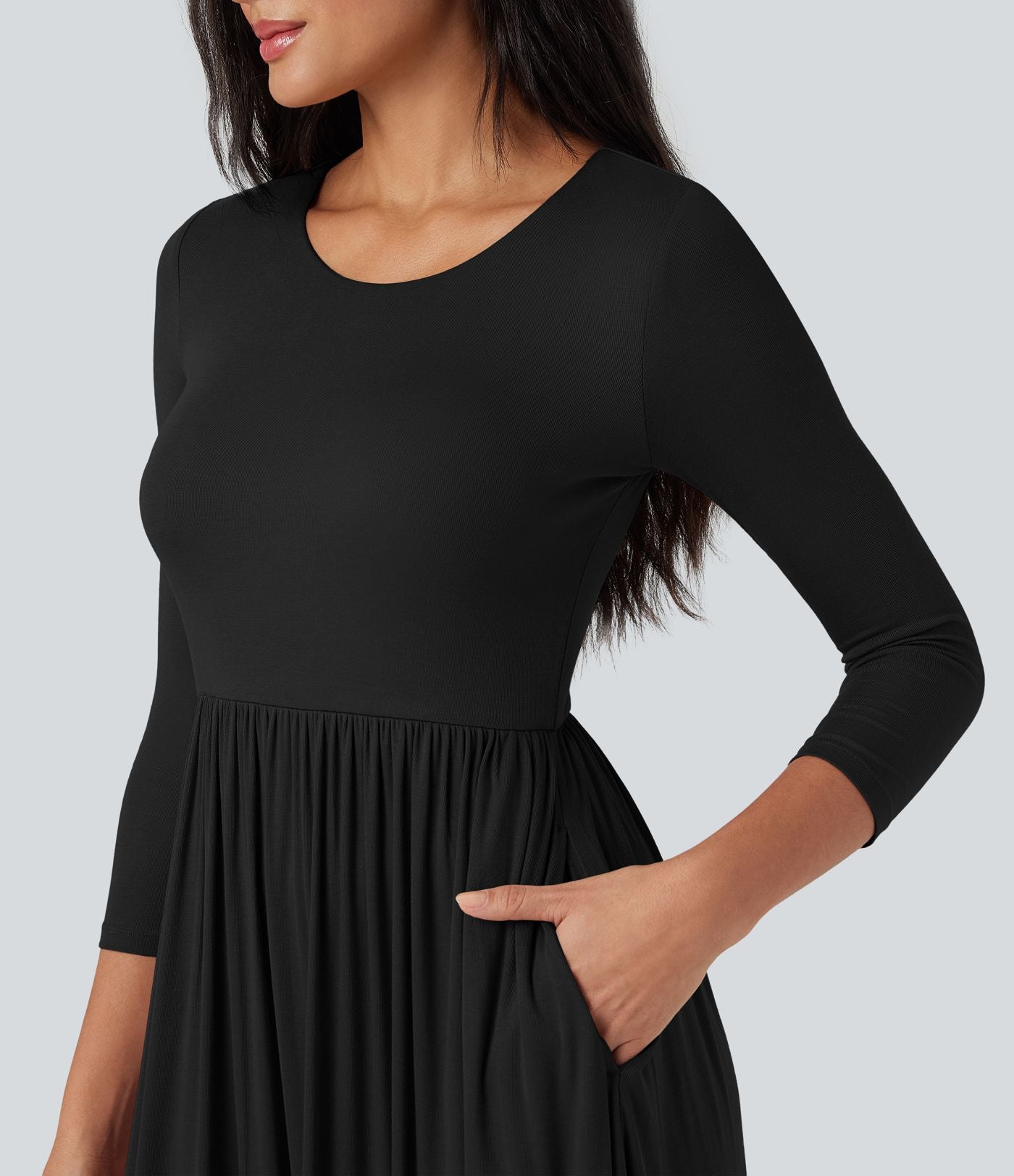 Robe longue fluide décontractée maille côtelée col rond manches 3/4 avec poches
