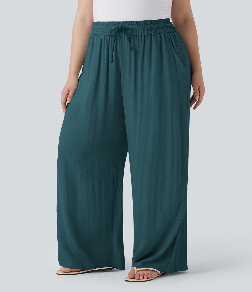 Pantalon décontracté grande taille large fluide taille haute effet lin avec cordon de serrage et poches