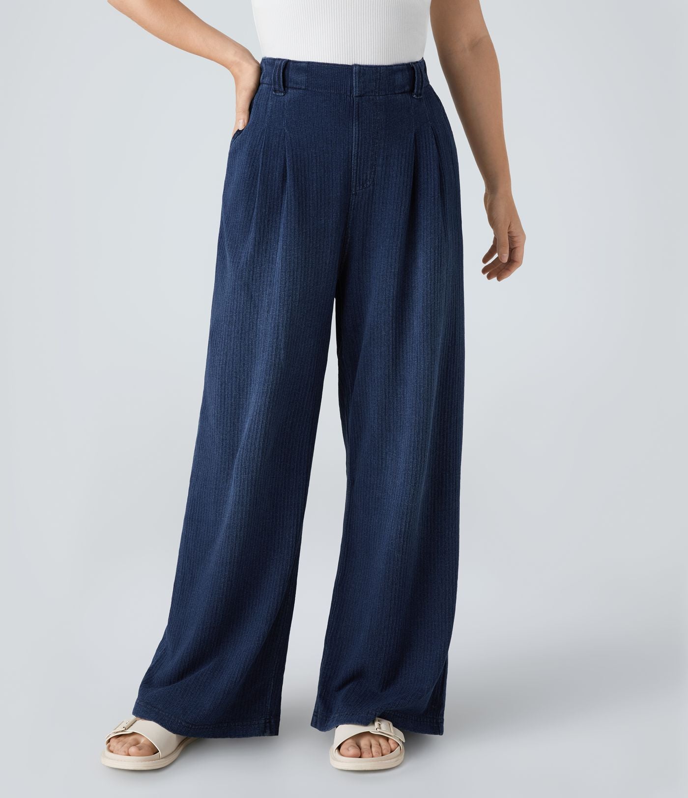 Halara Flex™ Jean Casual Large à Taille Haute avec Poches Latérales et Plis en Maille Extensible