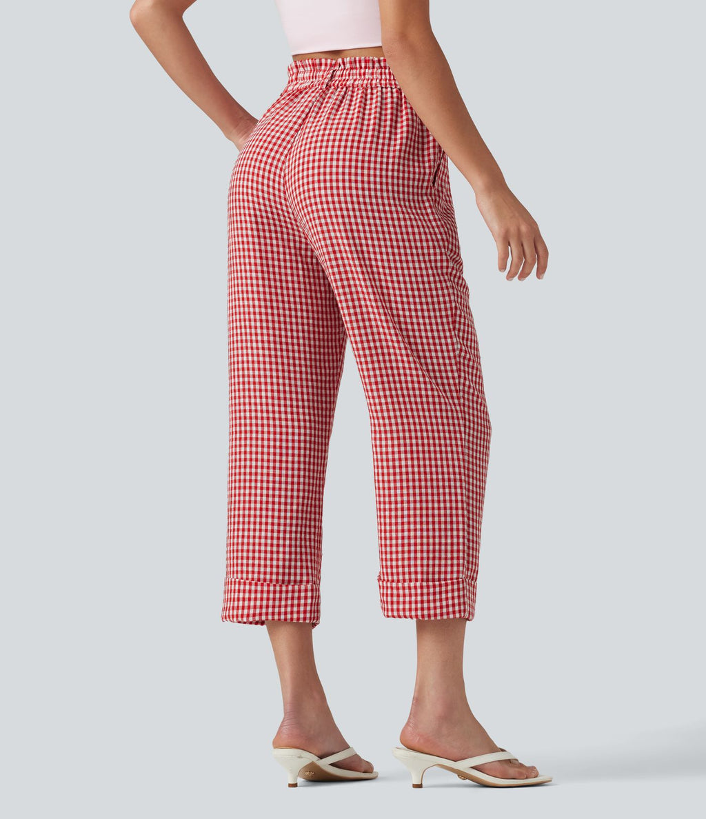 Pantalon 7/8 décontracté aspect lin à carreaux taille haute avec poches