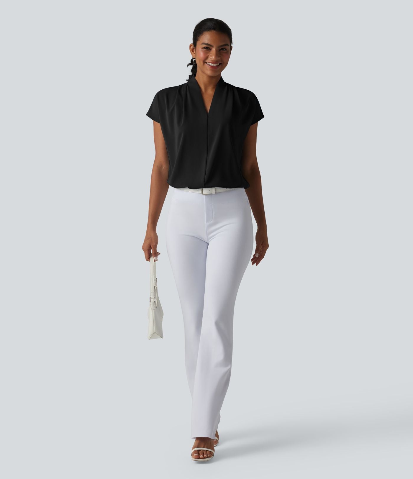 Blouse esprit bureau ample défroissage facile, col V et manches chauve-souris
