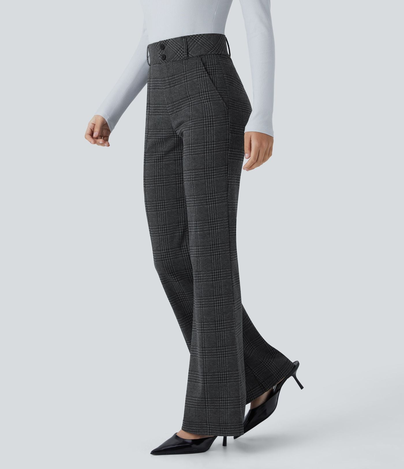 Halara Flex™ Pantalon tailleur évasé à carreaux pied-de-poule, taille haute avec boutons décoratifs et poches latérales