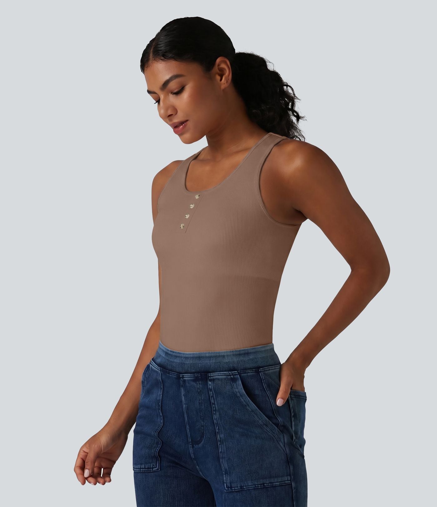 Débardeur casual en maille côtelée col rond avec brassière intégrée