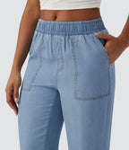 Jogging casual denim en lyocell drapé taille mi-haute avec poches