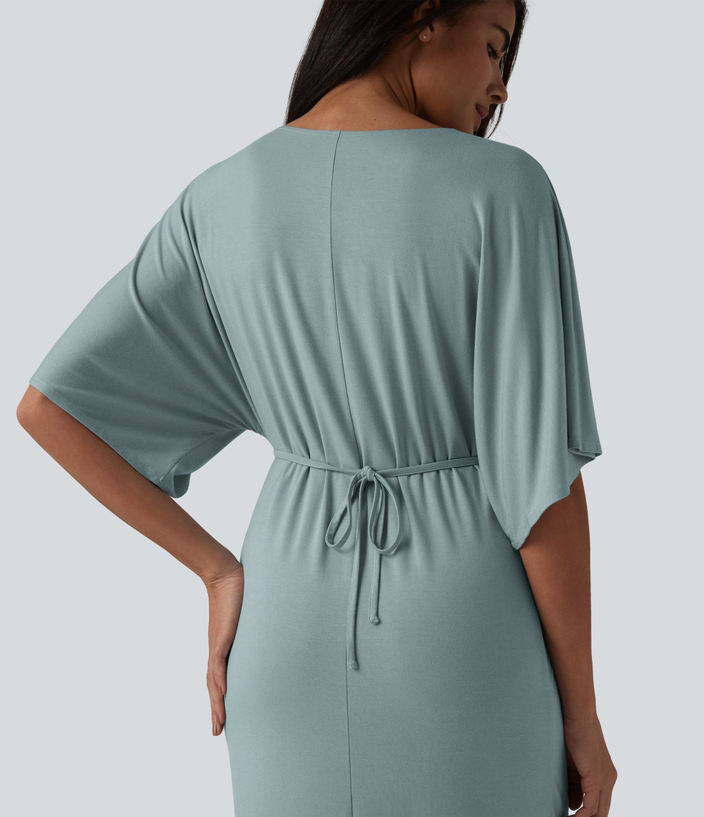 Robe midi col V manches chauve-souris ourlet tulipe torsadé