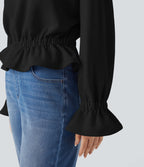 Sweat-shirt en coton col rond à manches longues avec ourlet à volants