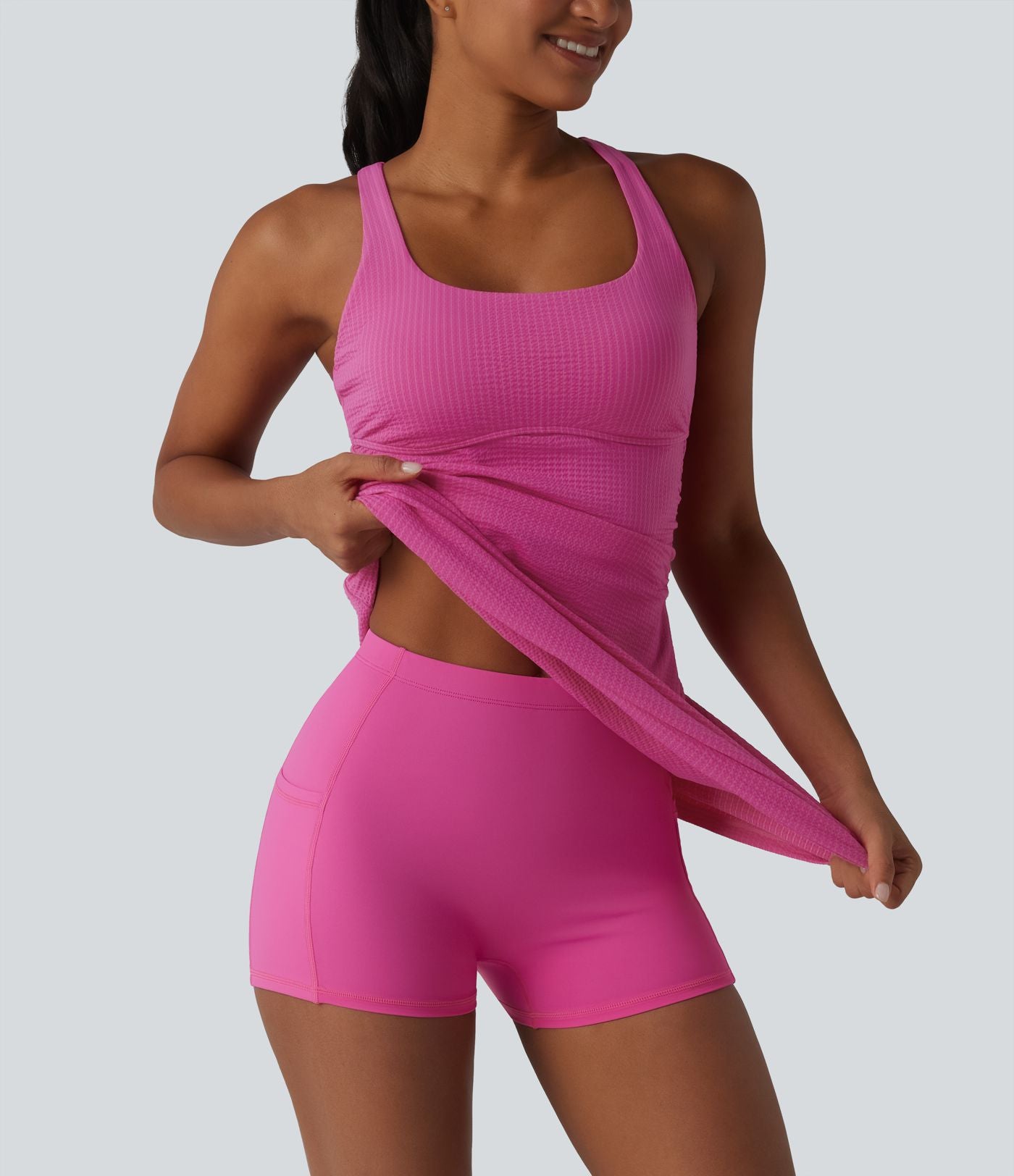 Robe sport mini de tennis 2 pièces à col U, soutien-gorge intégré, rayures, séchage rapide et poches - UPF40+